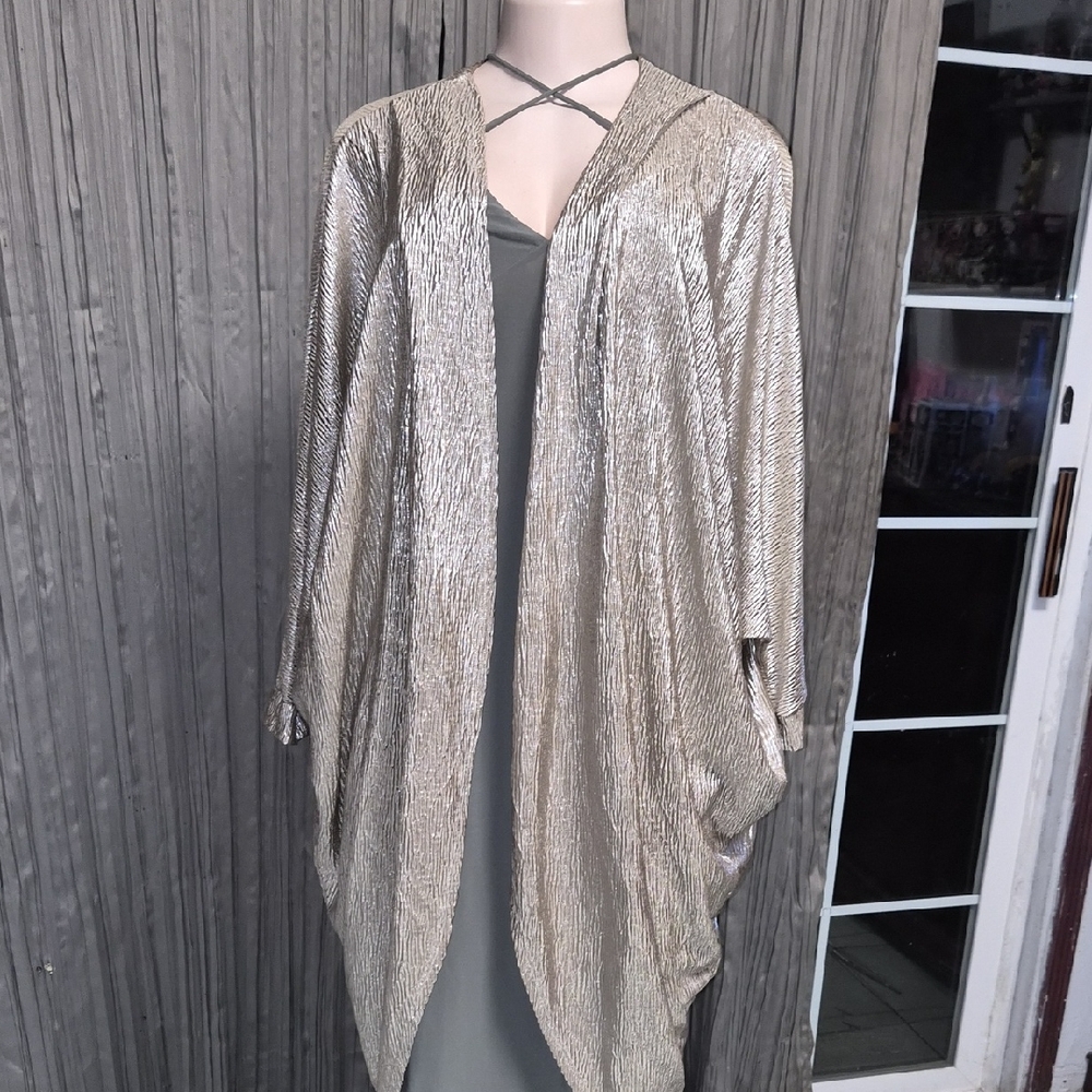 Metallic Champagne Open-Front Draped Kimono Shrug